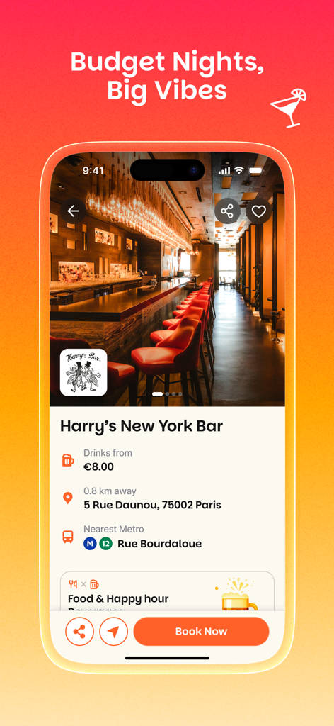Seeker app screen showing bar details for Harrys New York Bar in Paris with drink prices and location information