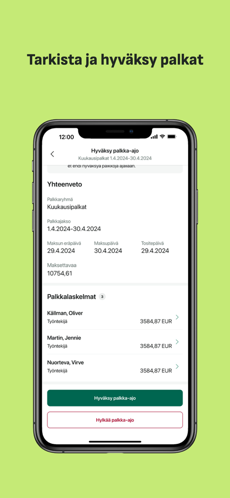 Fennoa mobile app screen for reviewing and approving payroll.