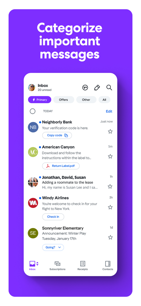 A screenshot of the Yahoo Mail app showing categorized messages and quick action buttons like check in and RSVP.