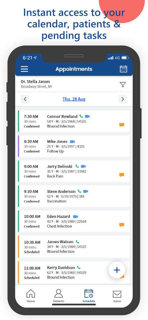 Avalon EMR - Avalon EMR mobile app showing a daily appointment schedule for a medical professional.