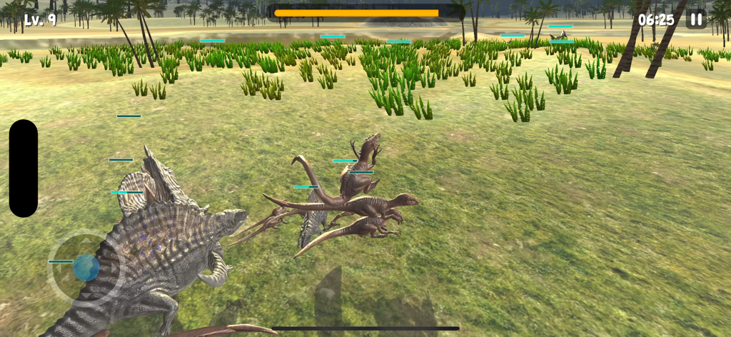 Dinosaur Game - Raptor Pack - A pack of raptors attacking a larger dinosaur in an open field during gameplay.