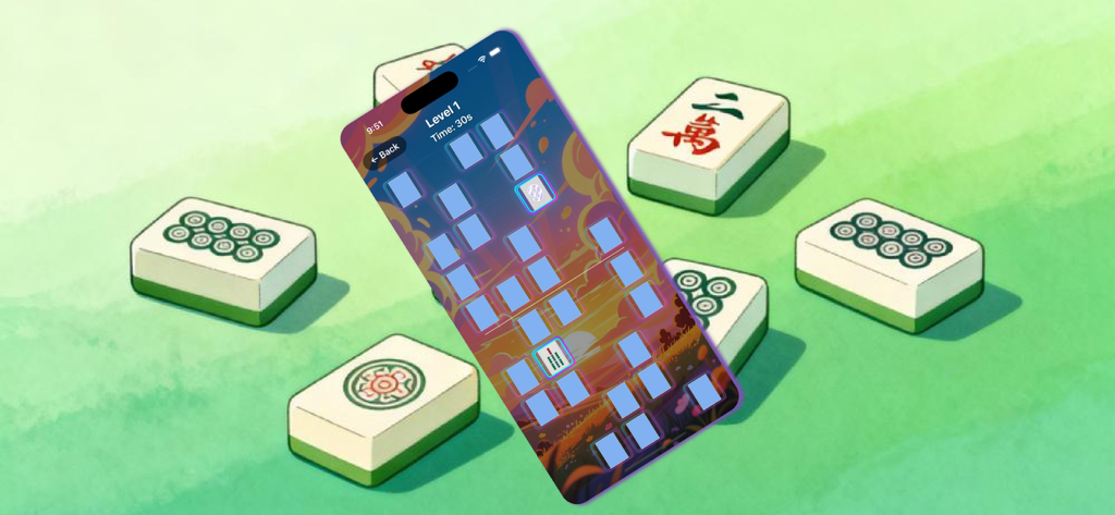 Smartphone showing Mahjong Ten Flip game interface with tiles and a timer