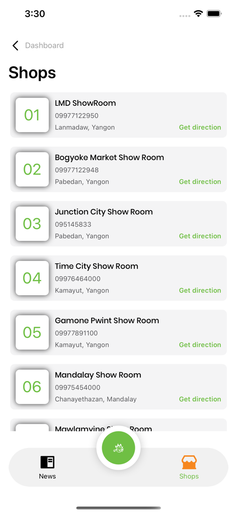More and More Member app showroom locations list showing various store addresses and contact details