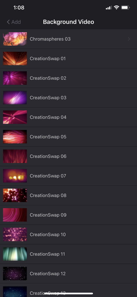 WorshipStorm Projector - Selection list of abstract background video options for church presentations in the WorshipStorm Projector app