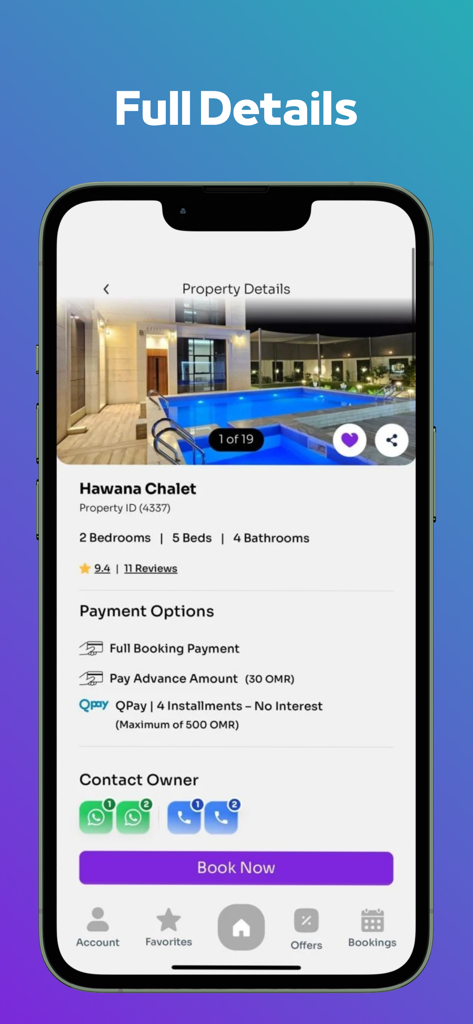 Masarrah: Oman Chalets & Flats - Masarrah mobile app showing property details and payment options for a chalet in Oman