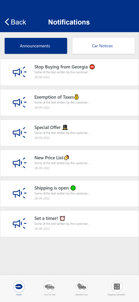 Nejoum Al Jazeera app notifications screen showing business announcements and shipping alerts