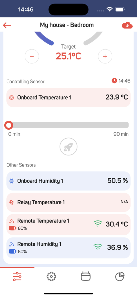 Benutzeroberfläche der proSmart-App, die Echtzeit-Temperatur- und Luftfeuchtigkeitssensordaten für ein Schlafzimmer anzeigt