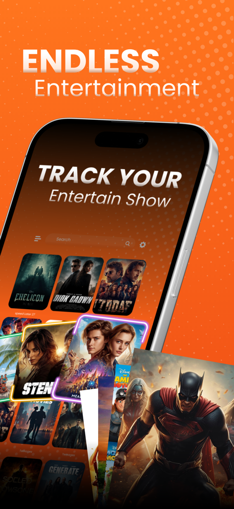 スマートフォン上のMagic TVアプリ画面。映画のポスターと映画の追跡機能が表示された映画ライブラリが表示されています。