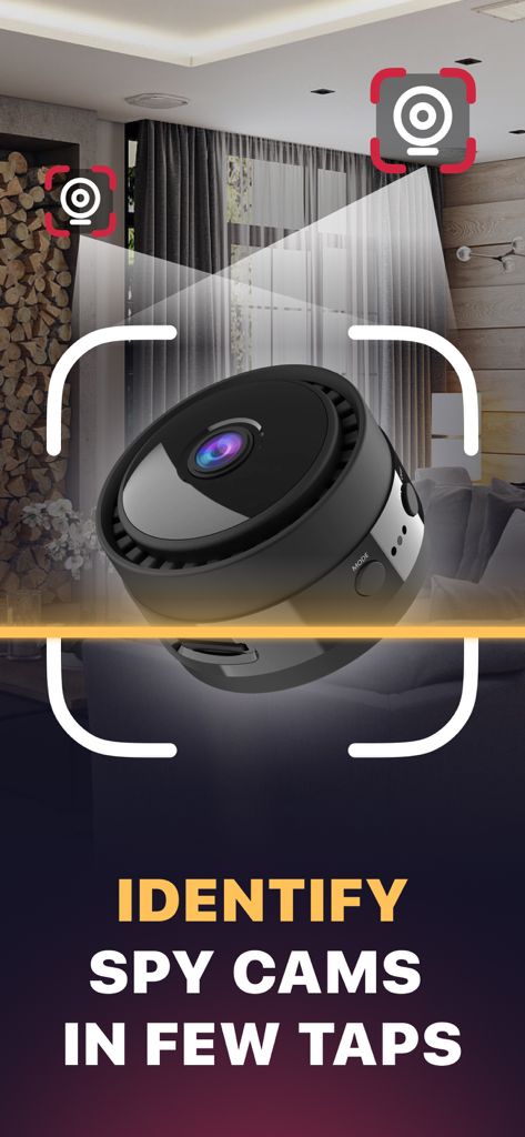 Hidden & Spy Camera Detector - Mobile app screen showing a scan for hidden spy cameras in a hotel room with the text Identify spy cams in few taps.