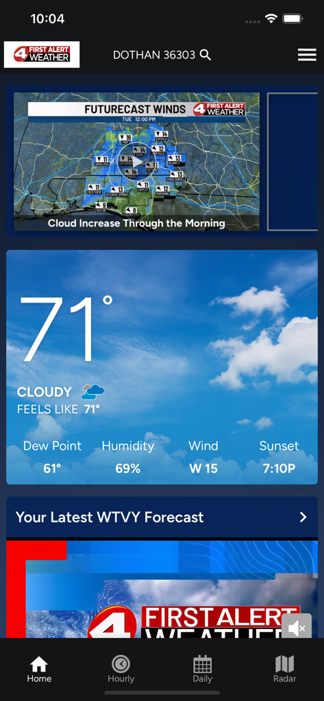 WTVY 4 First Alert Weather app home screen showing current temperature and weather forecast for Dothan