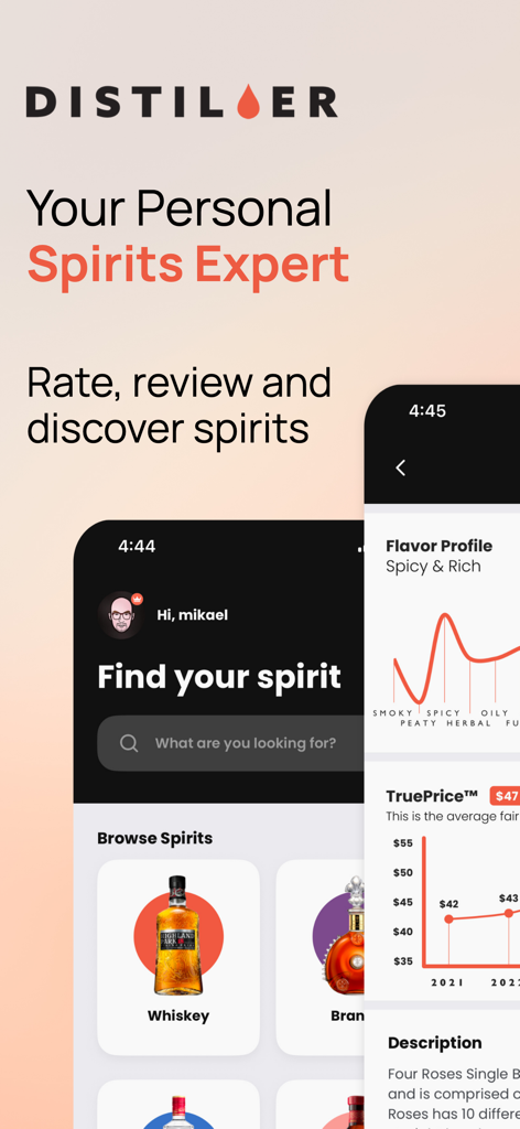 Distiller - Liquor Reviews - Interface do aplicativo Distiller mostrando gráficos de perfil de sabor de destilados e valores de mercado históricos TruePrice.
