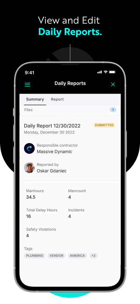 INGENIOUS.BUILD - INGENIOUS.BUILD mobile app displaying a submitted daily construction report summary including manhours and safety violations