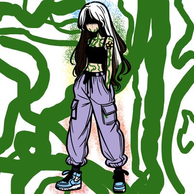 girl in baggy pants crop top and long hair