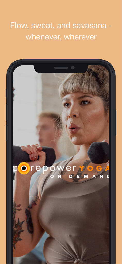 CorePower Yoga On Demand - Woman practicing yoga sculpt with weights on the CorePower Yoga On Demand mobile app interface