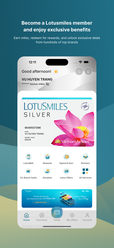 Lotusmiles - Vietnam Airlines - Lotusmiles mobile app interface showing a silver membership card and various loyalty rewards options
