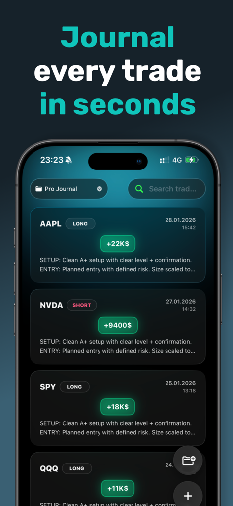 QuantView - Ai Trading Journal - QuantView app interface displaying a digital journal for stock trades with profit and loss details