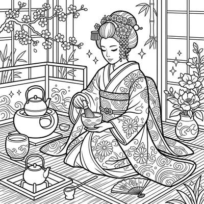 Discover the serene beauty of a Maiko apprentice performing a traditional Japanese tea ceremony with this exquisite coloring page. Adorn her elegant kimono and the tranquil setting with your favorite colors, celebrating a timeless cultural art.