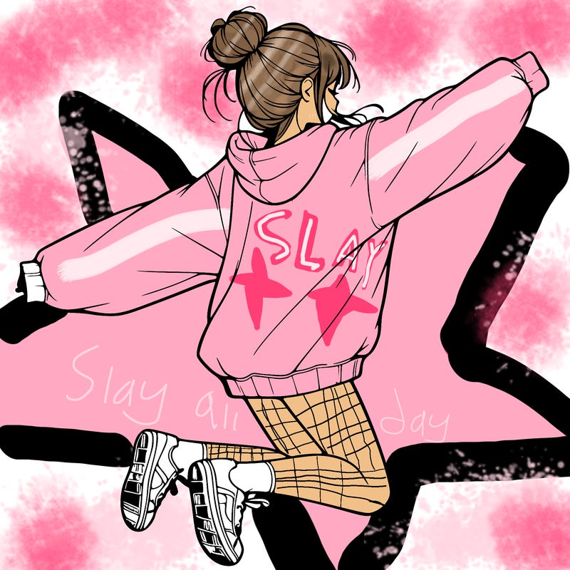 realistic girl jumping with a bun and oversized sweatshirt