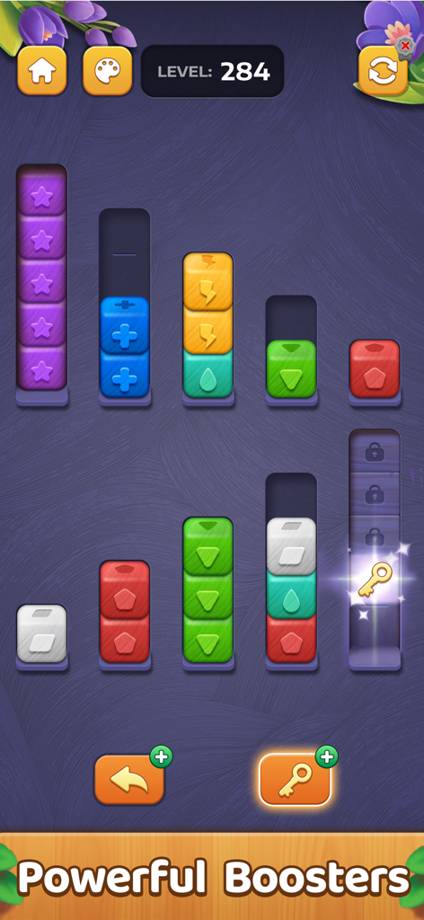 Block Sort: Color Puzzle Games - Jugabilidad de Block Sort Color Puzzle Games mostrando bloques de colores con símbolos únicos y un objeto potenciador de llave brillante
