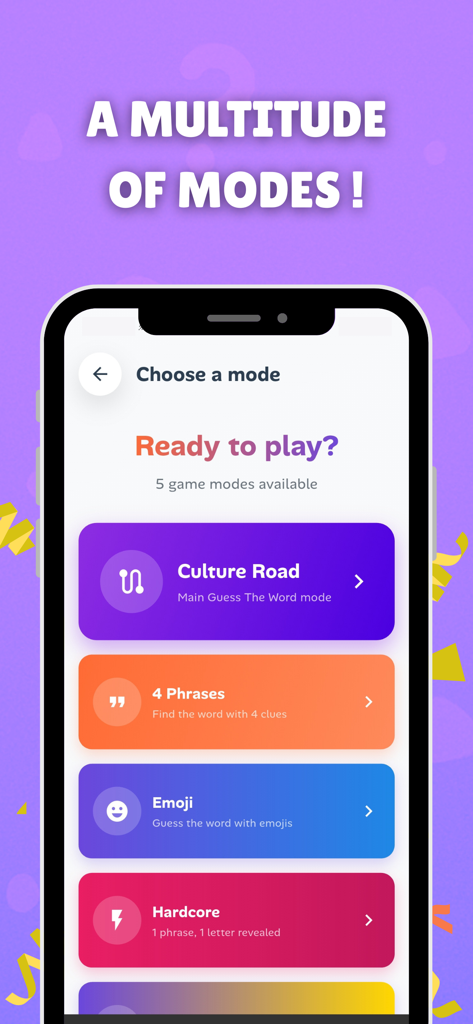 Pantalla de la app móvil que muestra múltiples modos de juego para Adivina la Palabra, incluyendo Ruta de la Cultura, 4 Frases y Emoji.