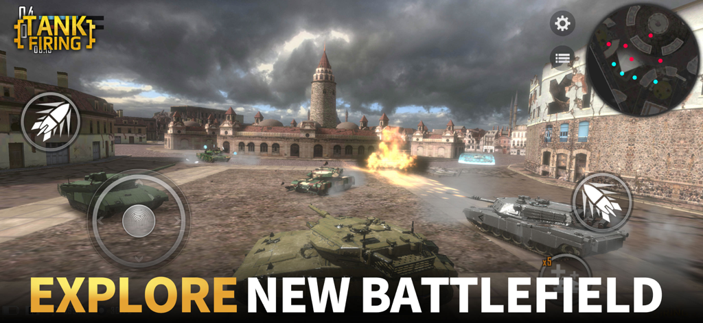 Tank Firing - Captura de tela do jogo mobile Tank Firing mostrando tanques em um campo de batalha urbano com uma torre histórica