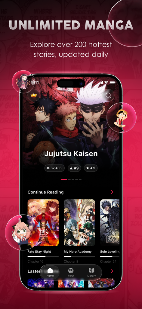 Manga Galaxy app interface showing a featured Jujutsu Kaisen cover and a continue reading list with popular titles.
