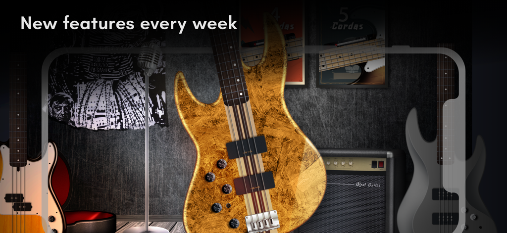 Real Bass electric bass guitar - A gold electric bass guitar and amplifier in a studio setting with the text New features every week