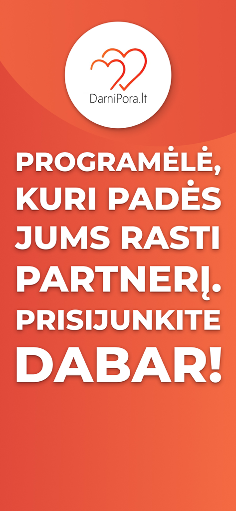 Tela de abertura do aplicativo de namoro lituano Darnipora.lt, apresentando o logotipo de dois corações e texto de boas-vindas em um fundo laranja.