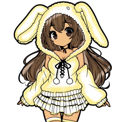 pretty anime girl wearing a fluffy hoodie with bunny ears on the hood and a skirt