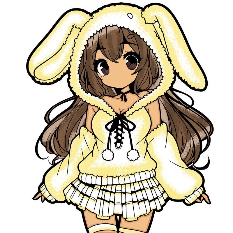 pretty anime girl wearing a fluffy hoodie with bunny ears on the hood and a skirt