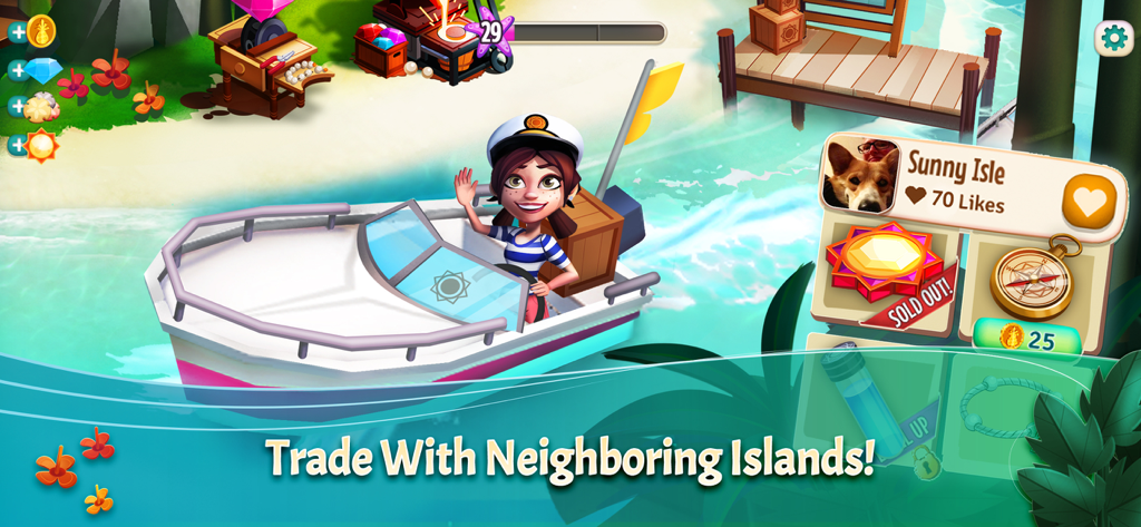 FarmVille 2: Tropic Escape - A character on a motorboat waving with a trade menu for neighboring islands in a tropical setting