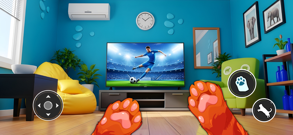 Cat Life Simulator: Cat & Mice - First person view of an orange cat in a modern living room with mobile game controls