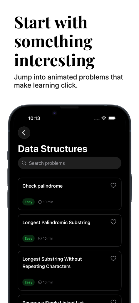 Claryzo: Ask, Play, Learn (AI) - The Claryzo app interface displaying a list of data structure lessons like palindromes and substrings with easy difficulty levels.