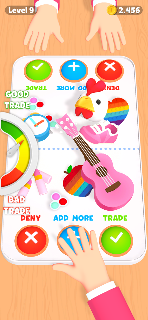Trading Master 3D - Fidget Pop - A gameplay screen showing players trading various fidget toys like a pink guitar and pop-its