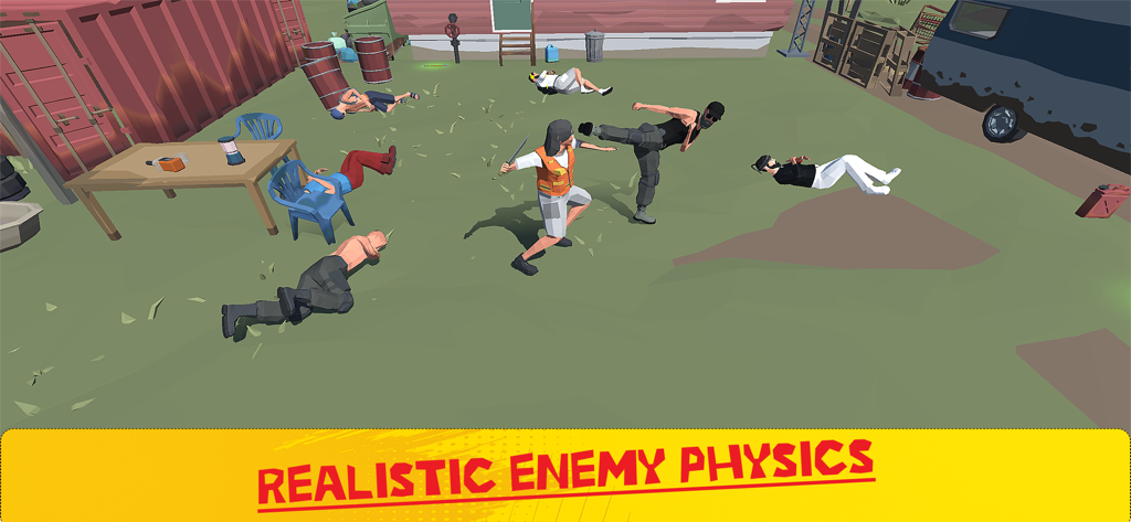 Street Knockout: 1vsGang Fight - A street fighter performs a high kick against multiple defeated enemies in a low poly environment.