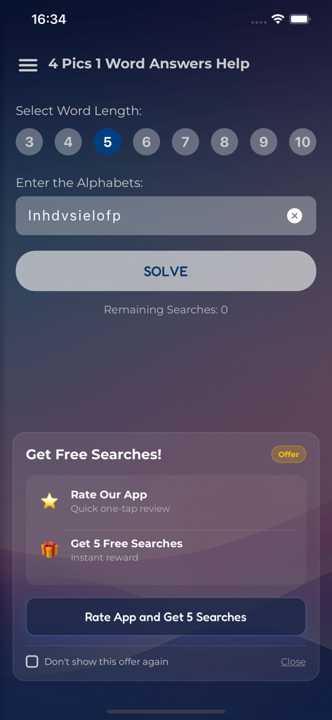 4 Pics 1 Word Answers Help - Oberfläche der App 4 Pics 1 Word Antworten Hilfe mit Auswahl der Wortlänge und einem Alphabet-Eingabefeld zum Lösen von Rätseln