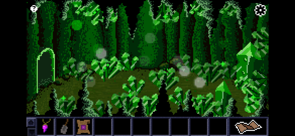 Escape Lala 2 - Una escena de pixel art retro de Escape Lala 2 que muestra una misteriosa cueva llena de cristales verdes brillantes y una barra de inventario del jugador.