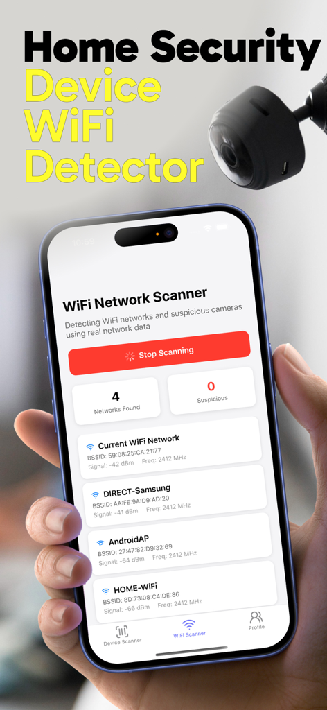 Detect Camera・Device Cam Find - iPhone-Bildschirm, der den WLAN-Netzwerkscanner der Detect Camera-App anzeigt, um verdächtige Geräte für die Heimsicherheit zu identifizieren