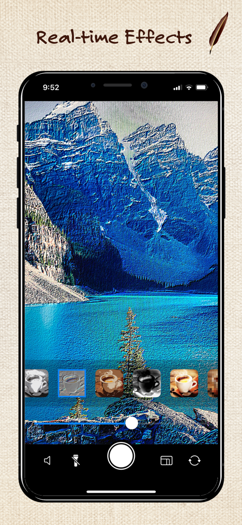 iPhone screen displaying the SketchSnap app applying a real-time artistic filter to a mountain landscape