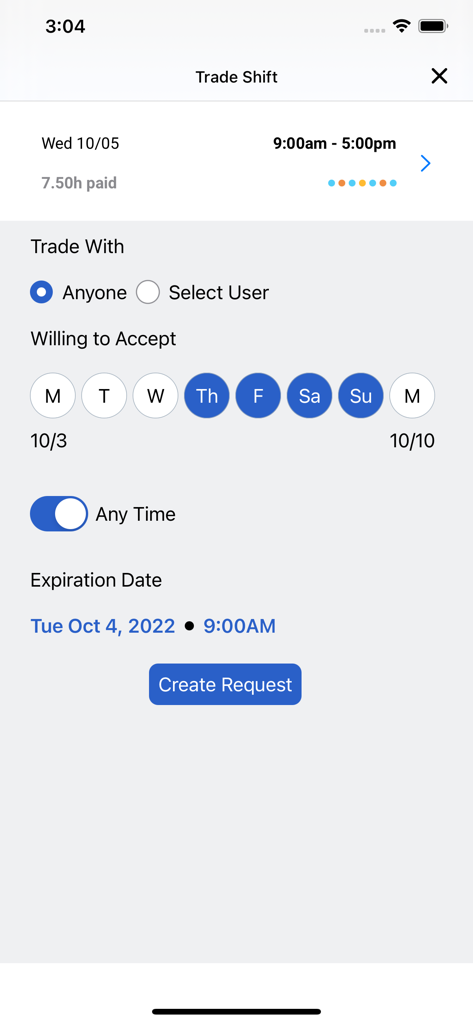 Tela de smartphone mostrando a interface do Genesys Tempo para criar uma solicitação de troca de turno com configurações de data e hora.