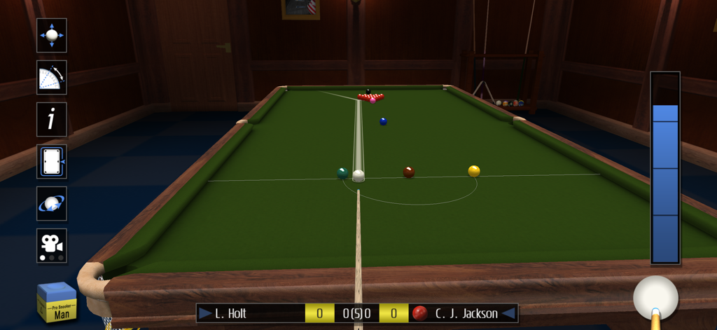 Pro Snooker 2026 - Vista de jogabilidade em 3D do Pro Snooker 2026 com configuração profissional da mesa e interface do utilizador