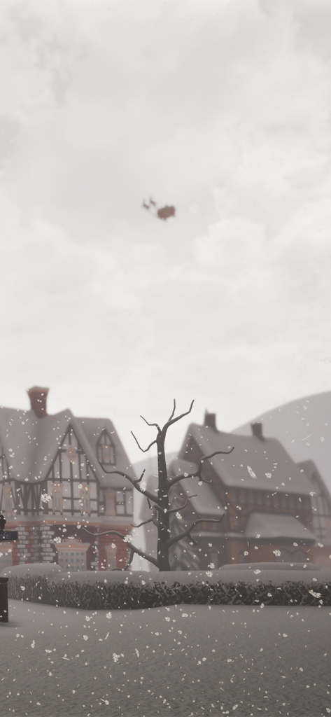 Escape Game: Ho Ho Ho! - Ein verschneites Winterdorf mit Santas Schlitten in der Ferne.