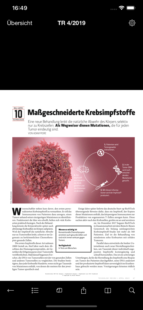 MIT Technology Review DE - Édition allemande de l'application MIT Technology Review montrant un article sur les vaccins personnalisés contre le cancer avec une illustration scientifique.
