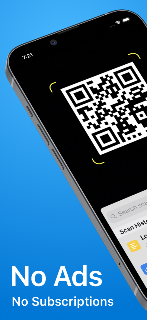 Smartphone escaneando un código QR con la aplicación QR Pro mostrando el texto Sin anuncios y Sin suscripciones
