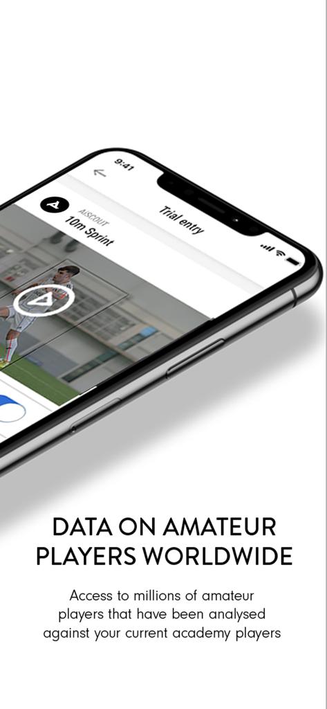 aiScout - Scout - aiScout mobile app screen showing data on amateur players worldwide and a sprint trial entry