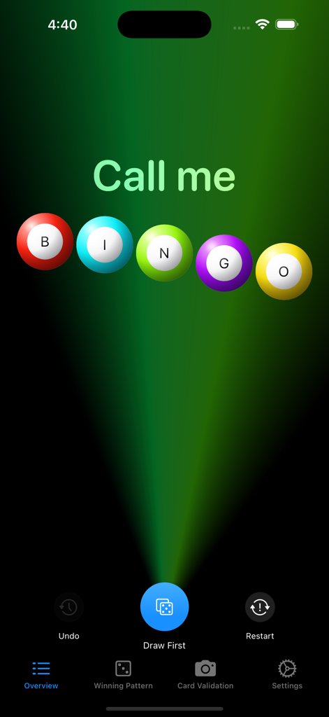 Call Me Bingo - Home screen of the Call Me Bingo app showing colorful bingo balls and the game start button
