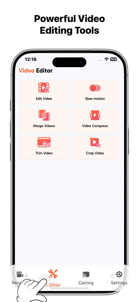 AnyREC app interface showing video editing tools like trim crop and merge