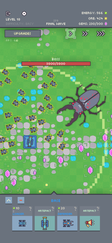 Ants vs Robots - Robots luchando contra un jefe escarabajo gigante en un nivel de tower defense en arte pixelado.