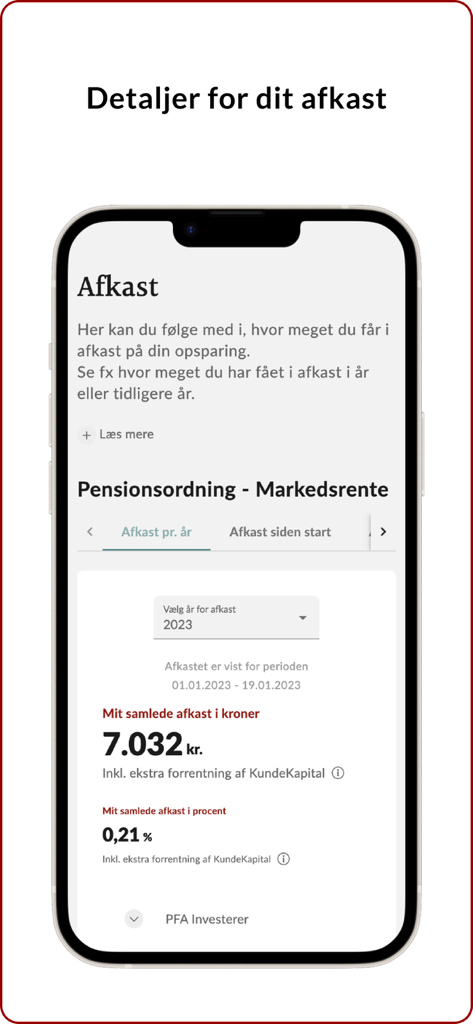 Mit PFA - A mobile screen from the Mit PFA app displaying pension investment returns in kroner and percentage for a specific period.