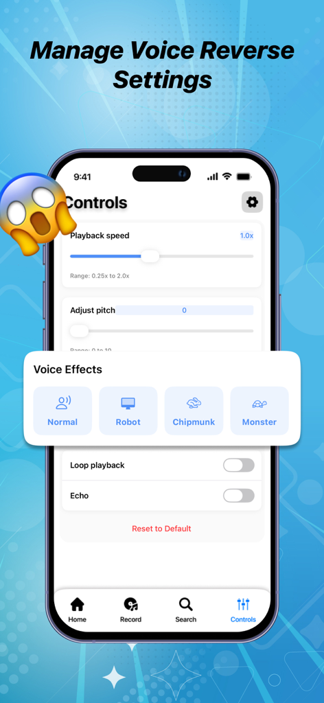 Screenshot of the voice controls screen in the Reverse Audio app showing speed pitch and voice effects options like Robot and Chipmunk